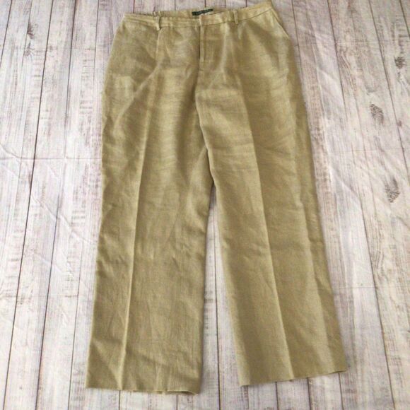 Lauren Ralph Lauren Beige 100% Linen Wide Leg Pants Women's Size 14P - Picture 1 of 12